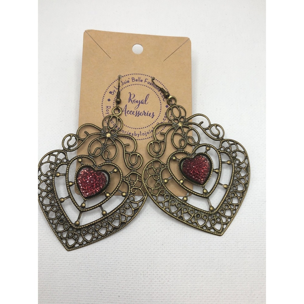Antique Gold tone‎ Filigree Heart Earrings with Red Crystal | Boho Statement